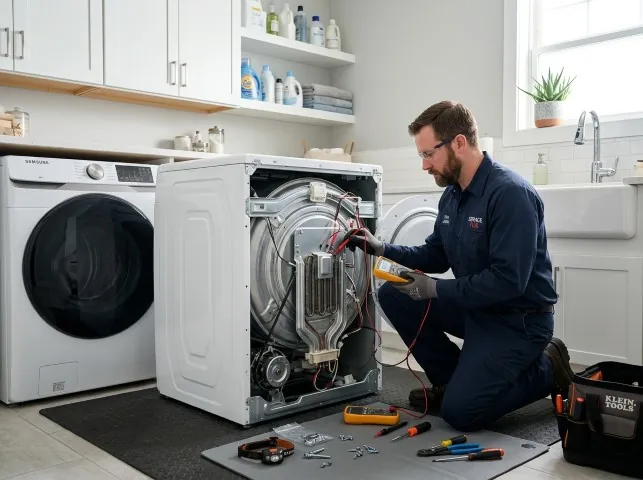 Appliance Repair Hero technician checking a dryer heating element with the rear panel off in Atglen, PA