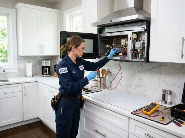 Appliance Repair Hero technician testing an over-the-range microwave in a Atglen, PA kitchen