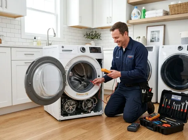 Appliance Repair Hero technician testing a front-load washer with a multimeter on a Atglen, PA service call